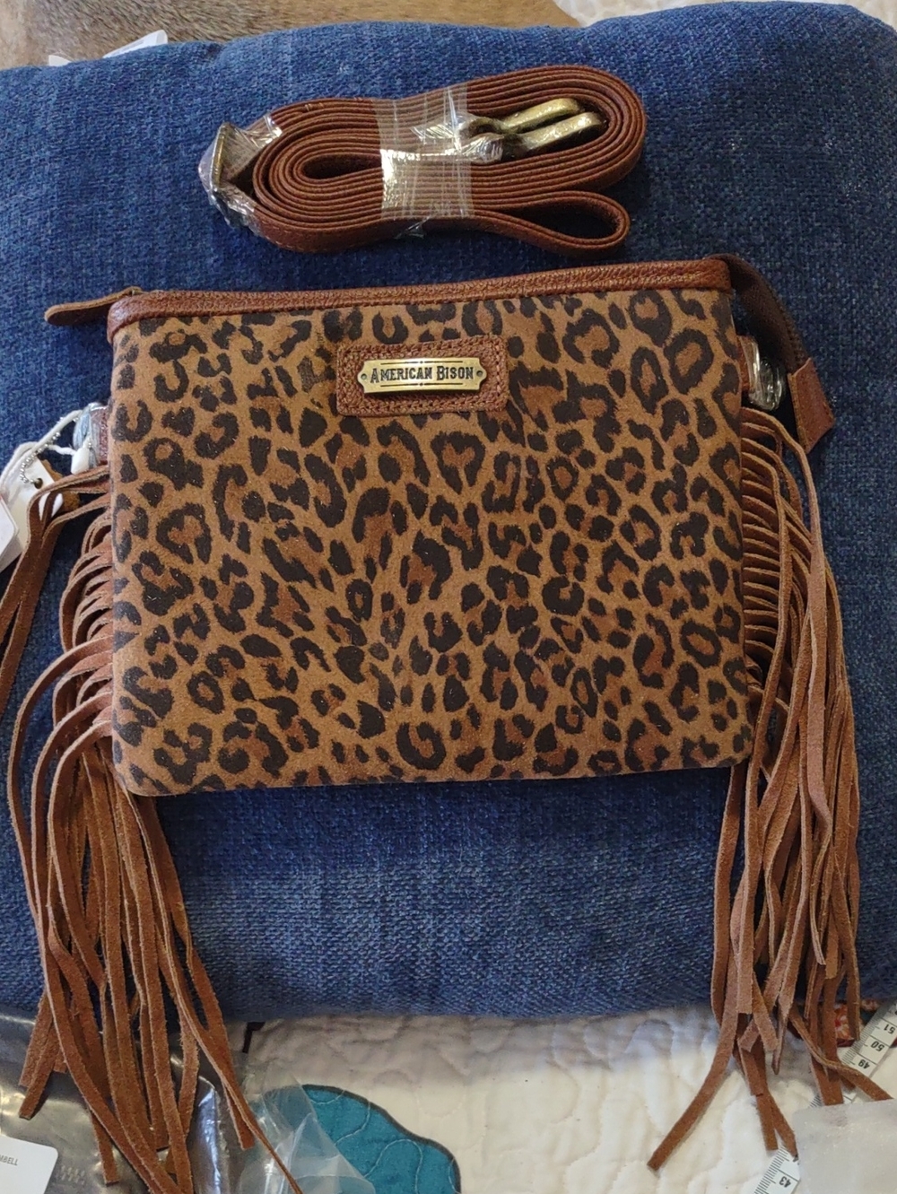 NEW American Bison Leather Fringe Crossbody Bag Leopard Print NWT Retail 120.00